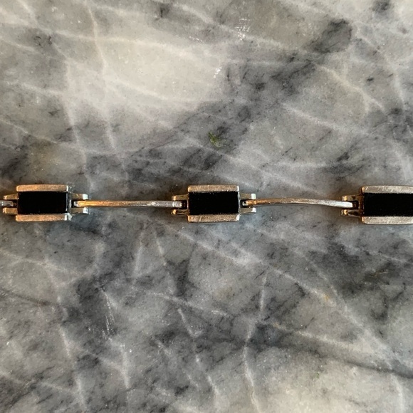 Sterling Silver Bracelet Black Stone Rectangles Link Stamped 925 A1 Artist Vtg - Picture 3 of 10